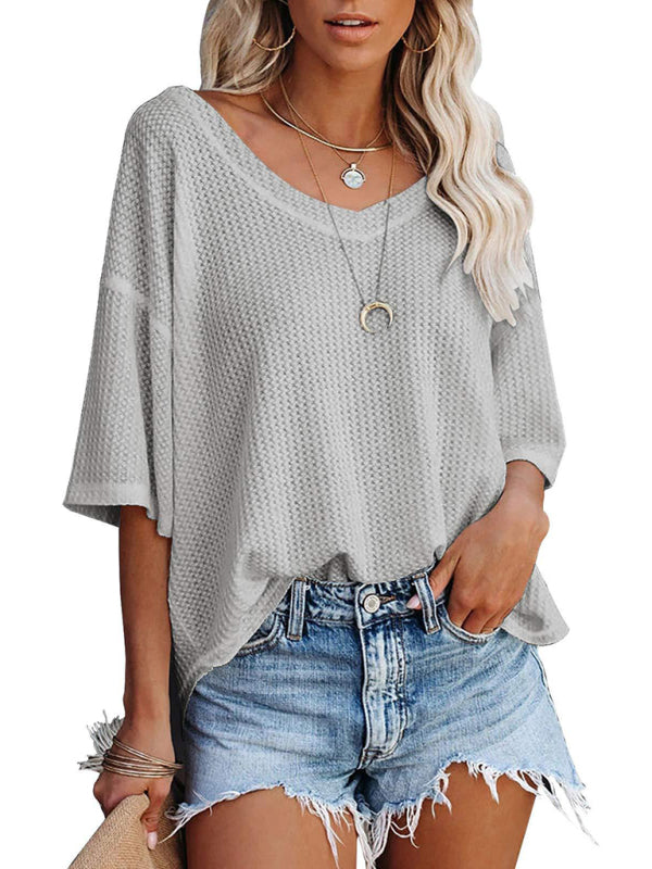 SHOPIQAT New V Neck Dolman Sleeve Waffle Knit Loose Solid Color Short Sleeve T-Shirt - Premium from shopiqat - Just $7.500! Shop now at shopiqat